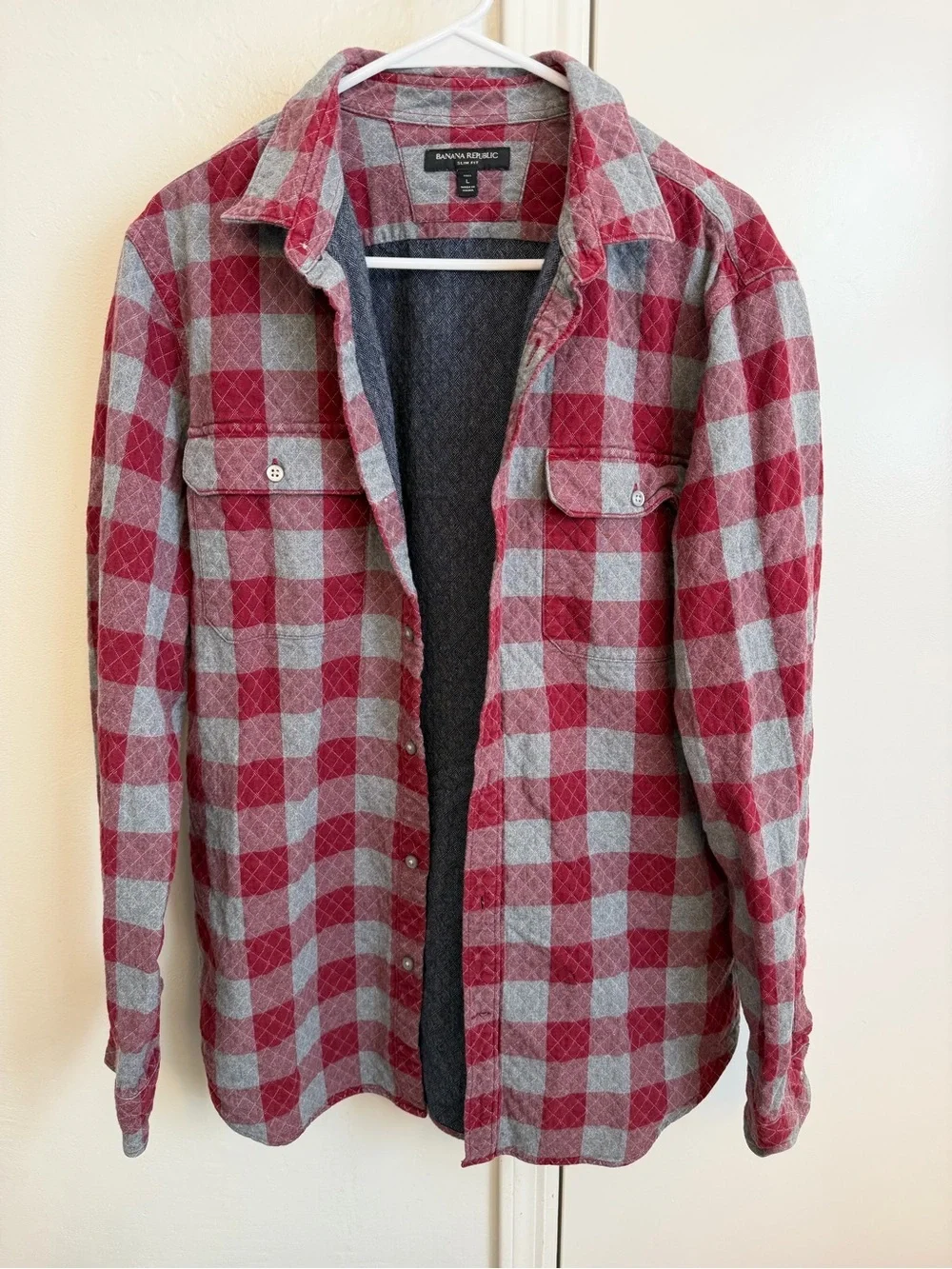 Banana Republic Quilted Red & Gray Plaid Long-Sleeve Shirt Large Tall Slim Fit